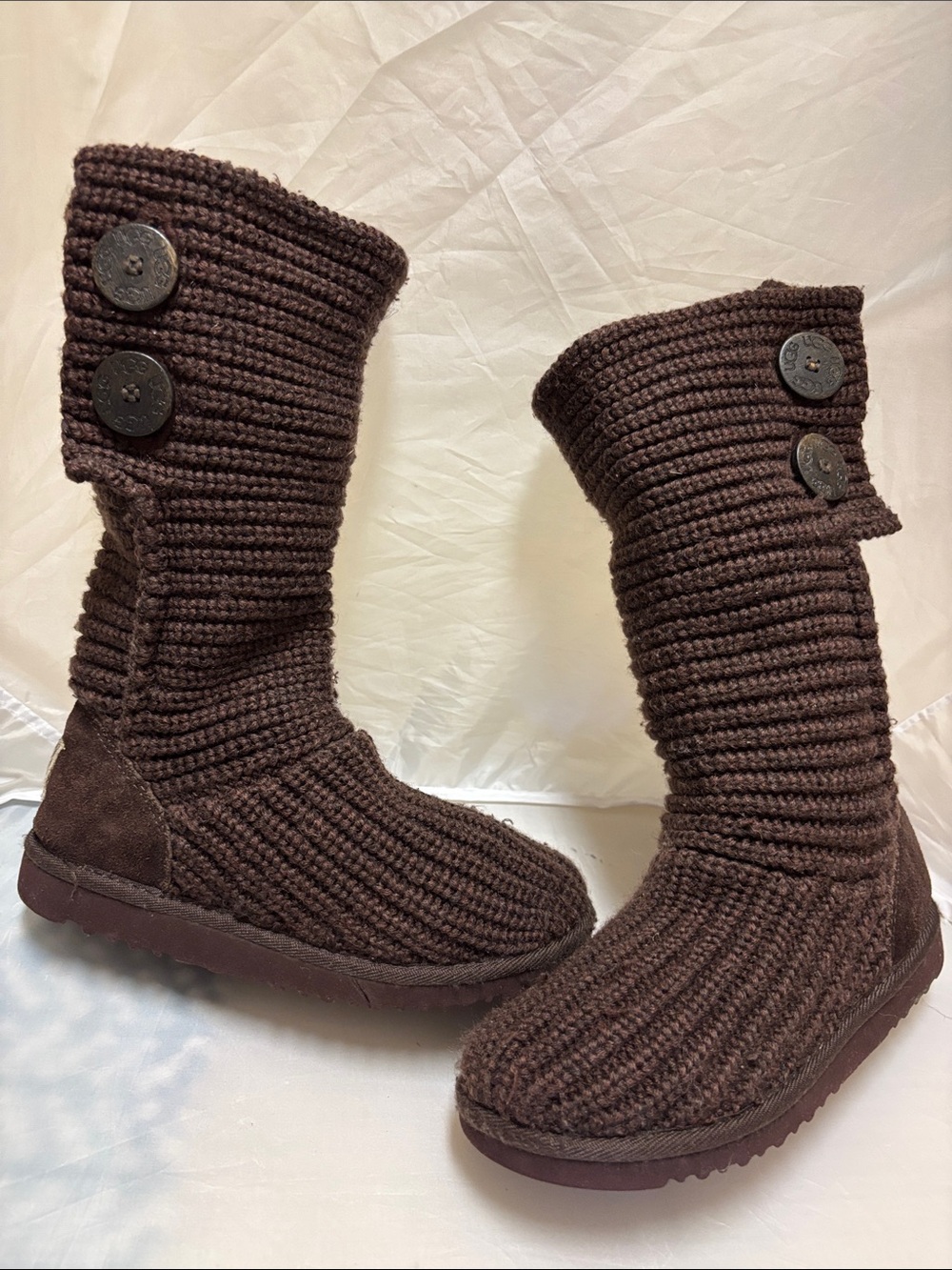 Girl's UGG Australia Brown Knit Boots 2-Button Flat Brown Sz 2 Logo